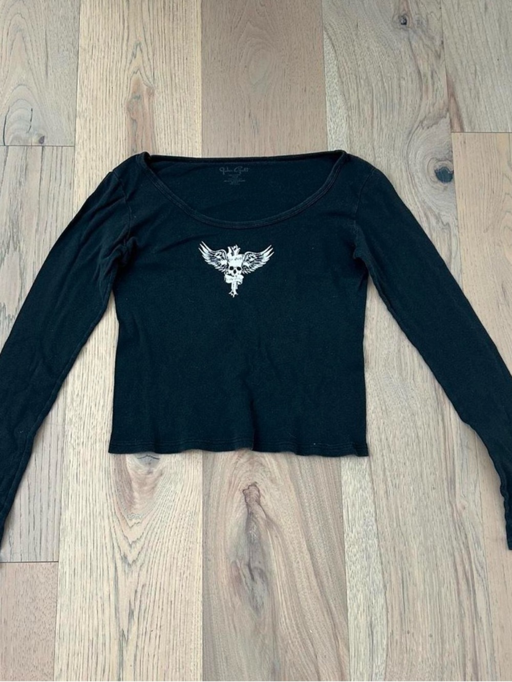 Brandy Melville Black Long-Sleeve Scoop Neck Tee with White Winged Skull